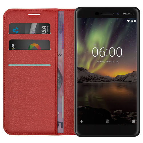 Leather Wallet Case & Card Holder Pouch for Nokia 6.1 (2018) - Red